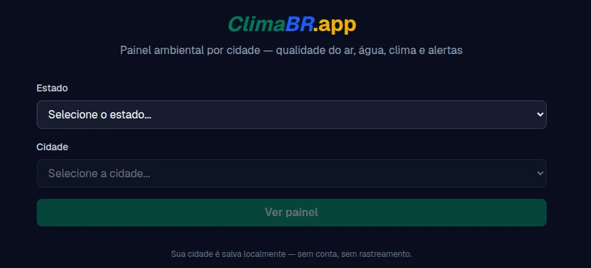 ClimaBR.app - Painel ambiental por cidade com qualidade do ar, água, clima e alertas