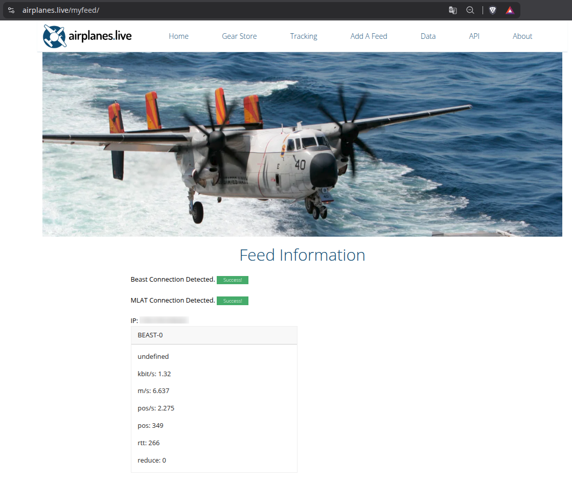 airplanes.live myfeed page showing Beast connection detected with a success badge and the feed metrics, with the IP blurred