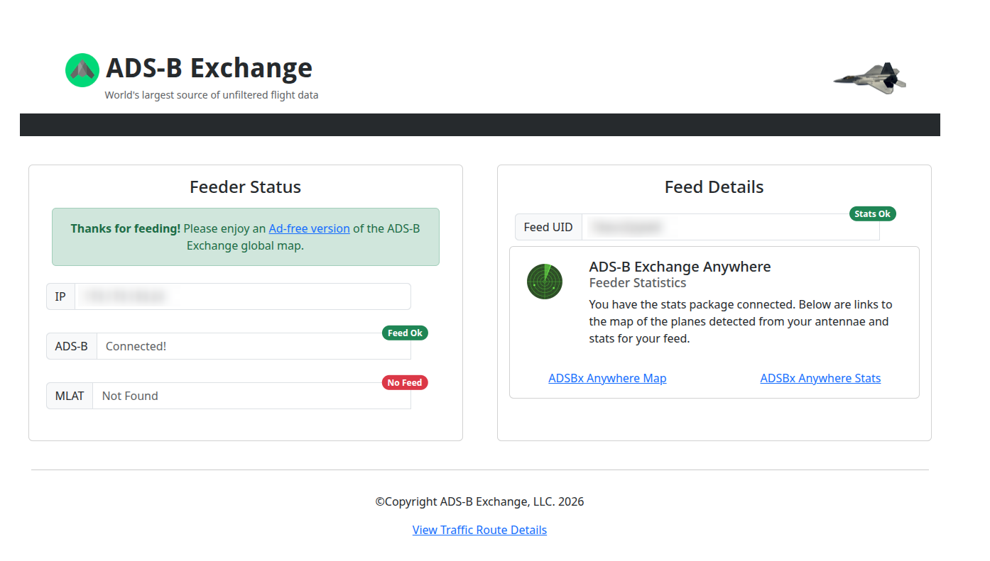ADSBExchange myip page showing Feeder Status with ADS-B connected and stats ok, with the IP and Feed UID blurred