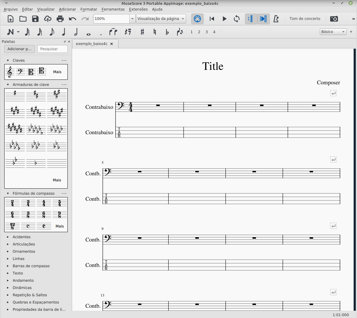 rascunho para partitura e tablatura de baixo (4, 5 e 6 cordas) + notação musical no computador