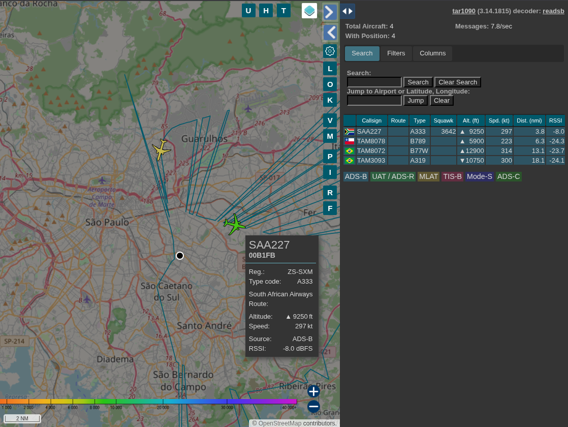 Mapa do tar1090 com tooltip do voo SAA227, Airbus A330 da South African Airways, mostrando matrícula, altitude, velocidade e RSSI